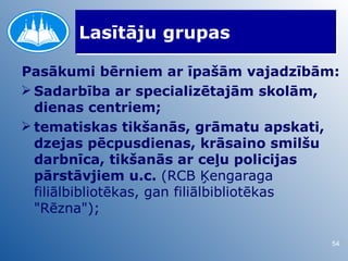 Lasītāju grupas

Pasākumi bērniem ar īpašām vajadzībām:
 Sadarbība ar specializētajām skolām,
  dienas centriem;
 tematiskas tikšanās, grāmatu apskati,
  dzejas pēcpusdienas, krāsaino smilšu
  darbnīca, tikšanās ar ceļu policijas
  pārstāvjiem u.c. (RCB Ķengaraga
  filiālbibliotēkas, gan filiālbibliotēkas
  "Rēzna");

                                        54
 