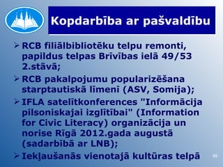 Kopdarbība ar pašvaldību

 RCB filiālbibliotēku telpu remonti,
  papildus telpas Brīvības ielā 49/53
  2.stāvā;
 RCB pakalpojumu popularizēšana
  starptautiskā līmenī (ASV, Somija);
 IFLA satelītkonferences "Informācija
  pilsoniskajai izglītībai" (Information
  for Civic Literacy) organizācija un
  norise Rīgā 2012.gada augustā
  (sadarbībā ar LNB);
 Iekļaušanās vienotajā kultūras telpā     66
 