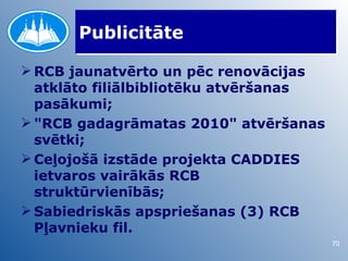 Publicitāte

 RCB jaunatvērto un pēc renovācijas
  atklāto filiālbibliotēku atvēršanas
  pasākumi;
 "RCB gadagrāmatas 2010" atvēršanas
  svētki;
 Ceļojošā izstāde projekta CADDIES
  ietvaros vairākās RCB
  struktūrvienībās;
 Sabiedriskās apspriešanas (3) RCB
  Pļavnieku fil.
                                        70
 