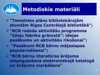 Metodiskie materiāli

 "Tematisks plāns bibliotekārajām
  stundām Rīgas Centrālajā bibliotēkā";
 "RCB radošo aktivitāšu programma
  "Ideju fabrika grāmatā": idejas
  pasākumu un aktivitāšu rīkošanai";
 "Pasākumi RCB bērnu mājaslapas
  popularizēšanai";
 "RCB bērnu literatūras krājuma
  atspoguļošana elektroniskajā katalogā
  un krājuma marķēšana"
                                          80
 