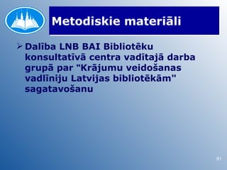 Metodiskie materiāli

 Dalība LNB BAI Bibliotēku
  konsultatīvā centra vadītajā darba
  grupā par "Krājumu veidošanas
  vadlīniju Latvijas bibliotēkām"
  sagatavošanu




                                       81
 