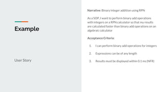 Example
User Story
Narrative: Binary integer addition using RPN
As a SOP, I want to perform binary add operations
with integers on a RPN calculator so that my results
are calculated faster than binary add operations on an
algebraic calculator
Acceptance Criteria:
1. I can perform binary add operations for integers
2. Expressions can be of any length
3. Results must be displayed within 0.1 ms (NFR)
 