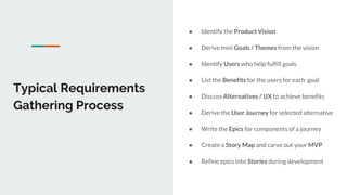 Typical Requirements
Gathering Process
● Identify the Product Vision
● Derive mini Goals / Themes from the vision
● Identify Users who help fulfill goals
● List the Benefits for the users for each goal
● Discuss Alternatives / UX to achieve benefits
● Derive the User Journey for selected alternative
● Write the Epics for components of a journey
● Create a Story Map and carve out your MVP
● Refine epics into Stories during development
 