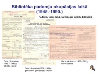 Bibliotēka padomju okupācijas laikā (1945.-1990.) Padomju varas laikā rusifikācijas politika bibliotēkā Gada pārskati no 1946. – 1949.g. latviešu valodā Gada pārskati no 1950.-1954.g. gan krievu, gan latviešu valodās Gada pārskati no 1955.-1989.g. krievu valodā 
