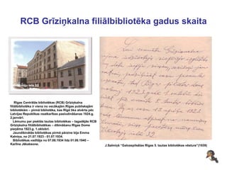 RCB Grīziņkalna filiālbibliotēka gadus skaita J.Salmiņš “Galvaspilsētas Rīgas 5. tautas bibliotēkas vēsture”(1939) Rīgas Centrālās bibliotēkas (RCB) Grīziņkalna filiālbibliotēka ir viena no vecākajām Rīgas publiskajām bibliotēkām – pirmā bibliotēka, kas Rīgā tika atvērta pēc Latvijas Republikas neatkarības pasludināšanas 1924.g. 2.janvārī.  Lēmumu par piektās tautas bibliotēkas – tagadējās RCB Grīziņkalna filiālbibliotēkas – dibināšanu Rīgas Dome  pieņēma 1923.g. 1.oktobrī. Jaundibinātās bibliotēkas pirmā pārzine bija Emma Kalniņa, no 21.07.1923 - 01.07.1934. Bibliotēkas vadītāja no 07.08.1934 līdz 01.06.1940 –  Karlīne Jēkabsone. 