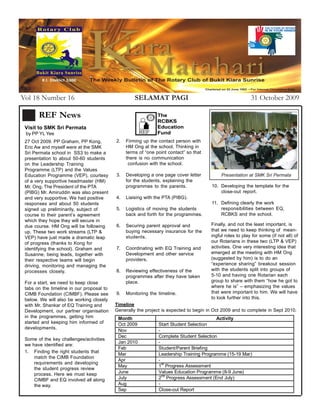 Vol 18 Number 16                                    SELAMAT PAGI                                           31 October 2009

       REF News                                                The
                                                               RCBKS
 Visit to SMK Sri Permata                                      Education
 by PP YL Yee                                          REF     Fund
 27 Oct 2009. PP Graham, PP Kong,          2.   Firming up the contact person with
 Eric Aw and myself were at the SMK             HM Ong at the school. Thinking in
 Sri Permata school in SS3 to make a            terms of “one point contact” so that
 presentation to about 50-60 students           there is no communication
 on the Leadership Training                      confusion with the school.
 Programme (LTP) and the Values
 Education Programme (VEP), courtesy       3.   Developing a one page cover letter          Presentation at SMK Sri Permata
 of a very supportive headmaster (HM)           for the students, explaining the
 Mr. Ong. The President of the PTA              programmes to the parents.             10. Developing the template for the
 (PIBG) Mr. Amiruddin was also present                                                     close-out report.
 and very supportive. We had positive      4.   Liaising with the PTA (PIBG).
 responses and about 50 students                                                       11. Defining clearly the work
 signed up preliminarily, subject of       5.   Logistics of moving the students           responsibilities between EQ,
 course to their parent’s agreement             back and forth for the programmes.         RCBKS and the school.
 which they hope they will secure in
 due course. HM Ong will be following      6.   Securing parent approval and           Finally, and not the least important, is
 up. These two work streams (LTP &              buying necessary insurance for the     that we need to keep thinking of mean-
 VEP) have just made a dramatic leap            students.                              ingful roles to play for some (if not all) of
 of progress (thanks to Kong for                                                       our Rotarians in these two (LTP & VEP)
 identifying the school). Graham and       7.   Coordinating with EQ Training and      activities. One very interesting idea that
 Susanne, being leads, together with            Development and other service          emerged at the meeting with HM Ong
 their respective teams will begin              providers.                             (suggested by him) is to do an
 driving, monitoring and managing the                                                  “experience sharing” breakout session
 processes closely.                        8.   Reviewing effectiveness of the         with the students split into groups of
                                                programmes after they have taken       5-10 and having one Rotarian each
 For a start, we need to keep close             place.                                 group to share with them “how he got to
 tabs on the timeline in our proposal to                                               where he is” – emphasizing the values
 CIMB Foundation (CIMBF). Please see       9.   Monitoring the timeline.               that were important to him. We will have
 below. We will also be working closely                                                to look further into this.
 with Mr. Shankar of EQ Training and       Timeline
 Development, our partner organisation     Generally the project is expected to begin in Oct 2009 and to complete in Sept 2010.
 in the programmes, getting him             Month                                        Activity
 started and keeping him informed of        Oct 2009           Start Student Selection
 developments.
                                            Nov                -
                                            Dec                Complete Student Selection
 Some of the key challenges/activities
                                            Jan 2010           -                             PDG Pahol, Pres Rome & Ann
 we have identified are:
                                            Feb                Student/Parent Briefing
 1. Finding the right students that
                                            Mar                Leadership Training Programme (15-19 Mar)
     match the CIMB Foundation
                                            Apr                -
     requirements and developing                                 st
                                            May                1 Progress Assessment
     the student progress review
     process. Here we must keep             June               Values Education Programme (8-9 June)
                                                                 nd
     CIMBF and EQ involved all along        July               2 Progress Assessment (End July)
     the way.                               Aug                -
                                            Sep                Close-out Report
 