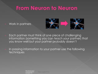 Karen Gazith Ph.D. 
•Work in partners 
•Each partner must think of one piece of challenging information (something you can teach your partner) that you know well but your partner probably doesn’t 
•In passing information to your partner use the following techniques 
http://www.hcc.uce.ac.uk/physiology/pharmacology01.htm  