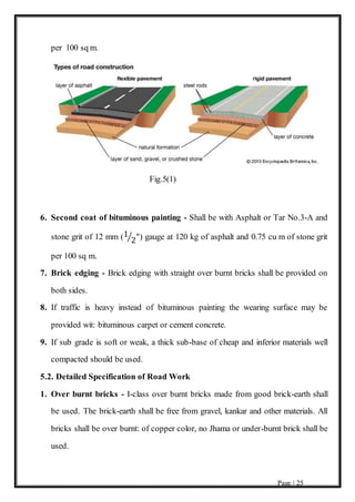 Page | 25
per 100 sq m.
Fig.5(1)
6. Second coat of bituminous painting - Shall be with Asphalt or Tar No.3-A and
stone grit of 12 mm (1
2⁄ ") gauge at 120 kg of asphalt and 0.75 cu m of stone grit
per 100 sq m.
7. Brick edging - Brick edging with straight over burnt bricks shall be provided on
both sides.
8. If traffic is heavy instead of bituminous painting the wearing surface may be
provided wit: bituminous carpet or cement concrete.
9. If sub grade is soft or weak, a thick sub-base of cheap and inferior materials well
compacted should be used.
5.2. Detailed Specification of Road Work
1. Over burnt bricks - I-class over burnt bricks made from good brick-earth shall
be used. The brick-earth shall be free from gravel, kankar and other materials. All
bricks shall be over burnt: of copper color, no Jhama or under-burnt brick shall be
used.
 