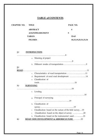 Page | 6
TABLE of CONTENTS
CHAPTER NO. TITLE PAGE NO.
ABSTRACT 4
ACKNOWLEDGMENT 5
TABLES 32-63
FIGURES 10,15,19,25,31,33,34
1.) INTRODUCTION
……………………………………………………………..….8
a. Meaning of project
…………………………………………..….......8
b. Different modes of transportation……………………………...9
2.)
ROAD……………………………………………………………………..…….………....11
c. Characteristics of road transportation………….…..………....11
d. Requirement of rural road development ………………….....14
e. Classification of
roads…………………………………………….....16
3.) SURVEYING
…………………………………………………………………..…......18
f. Leveling
……………………………………………………..…………....18
g. Principal of surveying
…………………………………..……….....19
h. Classification of
survey……………………….………………........19
i. Classification based on the nature of the field survey.....19
j. Classification based on the object of survey ………..........20
k. Classification based on the instrumental used……............21
4.) ROAD SIDE DEVELOPMENT & ARBORICULTURE …….......22
 