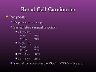 Renal Cell CarcinomaRenal Cell Carcinoma
 PrognosisPrognosis
 Dependent on stageDependent on stage
 Survial after surgical resectionSurvial after surgical resection
 T1 (<7cm)T1 (<7cm)
 5yr5yr 95%95%
 10yr10yr 91%91%
 T2 (>7cm)T2 (>7cm)
 5yr5yr 80%80%
 10yr10yr 70%70%
 T3T3 5 yr5 yr 59%59%
 T4T4 5 yr5 yr 20%20%
 Suvival for unresectable RCC is <20% at 5 yearsSuvival for unresectable RCC is <20% at 5 years
 