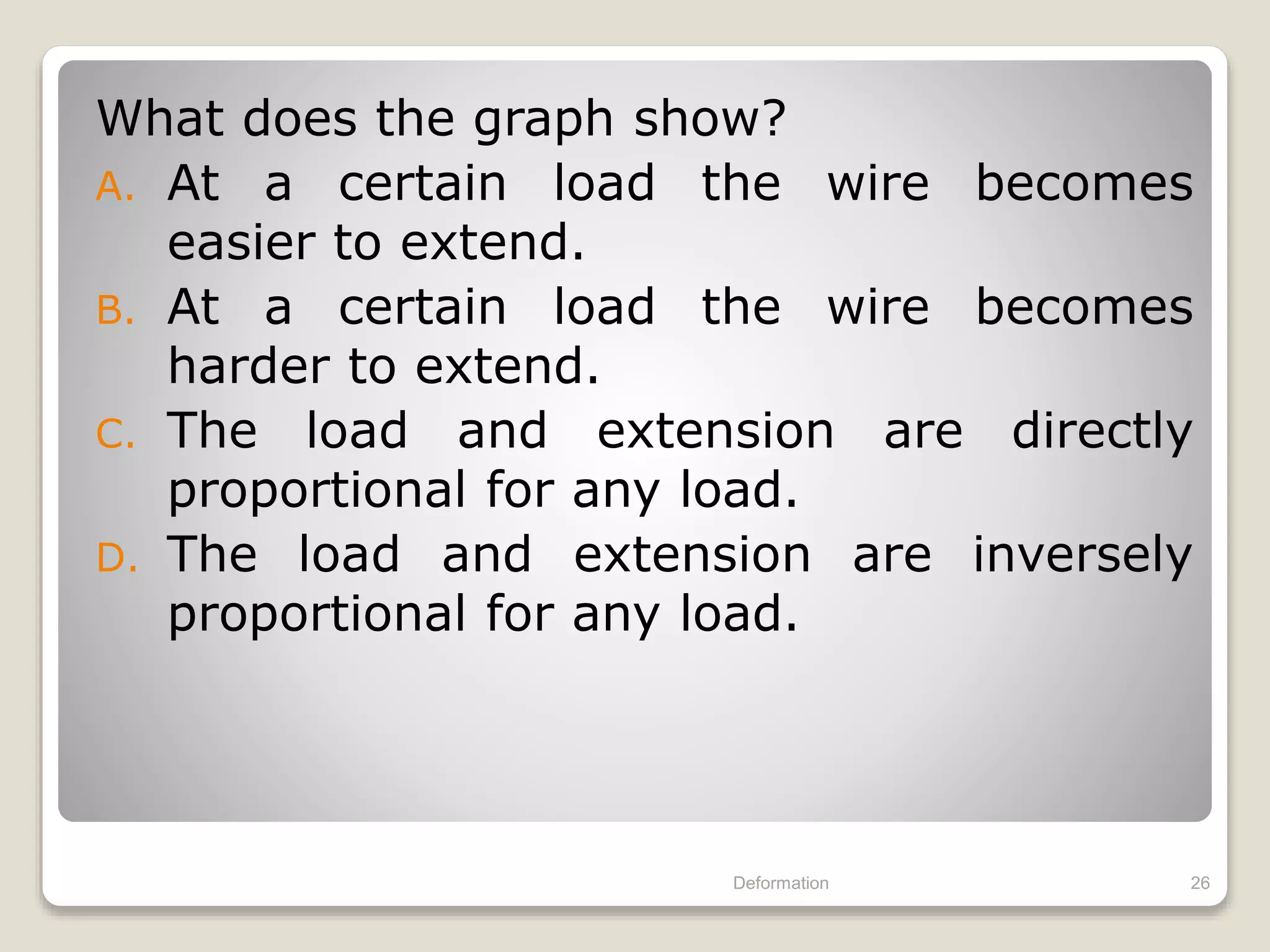 What does the graph show?
A. At a certain load the wire becomes
easier to extend.
B. At a certain load the wire becomes
harder to extend.
C. The load and extension are directly
proportional for any load.
D. The load and extension are inversely
proportional for any load.
Deformation 26
 