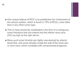 +
 One unique feature of RCC is its predilection for involvement of
the venous system, which is found in 10% of RCCs, more often
than in any other tumor type.
 This is most commonly manifested in the form of a contiguous
tumor thrombus that can extend into the inferior vena cava
(IVC) as high as the right atrium.
 Many such tumor thrombi are highly vascularized by arterial
blood flow, and some directly invade the wall of the renal vein
or vena cava, which correlates with compromised prognosis
 