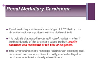 +
Renal Medullary Carcinoma
 Renal medullary carcinoma is a subtype of RCC that occurs
almost exclusively in patients with the sickle cell trait.
 It is typically diagnosed in young African-Americans, often in
the third decade of life, and many cases are both locally
advanced and metastatic at the time of diagnosis.
 This tumor shares many histologic features with collecting duct
carcinoma, and some consider it a subtype of collecting duct
carcinoma or at least a closely related tumor.
 