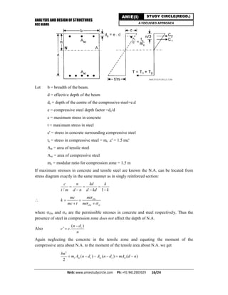ANALYSIS AND DESIGN OF STRUCTURES
RCC BEAMS
Web: www.amiestudycircle.com     Ph: +91 9412903929       16/24 
AMIE(I) STUDY CIRCLE(REGD.)
A FOCUSSED APPROACH
Let b = breadth of the beam.
d = effective depth of the beam
dc = depth of the centre of the compressive steel=e.d
e = compressive steel depth factor =dc/d
c = maximum stress in concrete
t = maximum stress in steel
c' = stress in concrete surrounding compressive steel
tc = stress in compressive steel = mc .c' = 1.5 mc'
Ast = area of tensile steel
Asc = area of compressive steel
mc = modular ratio for compression zone = 1.5 m
If maximum stresses in concrete and tensile steel are known the N.A. can be located from
stress diagram exactly in the same manner as in singly reinforced section:
/ 1
c n kd k
t m d n d kd k
  
  
 cbc
cbc st
mmc
k
mc t m

 
 
 
where cbc and st are the permissible stresses in concrete and steel respectively. Thus the
presence of steel in compression zone does not affect the depth of N.A.
Also
( )
' . cn d
c c
n


Again neglecting the concrete in the tensile zone and equating the moment of the
compressive area about N.A. to the moment of the tensile area about N.A. we get
2
( ) ( ) ( )
2
c sc c sc c st
bn
m A n d A n d mA d n     
 