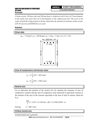 ANALYSIS AND DESIGN OF STRUCTURES
RCC BEAMS
Web: www.amiestudycircle.com     Ph: +91 9412903929       18/24 
AMIE(I) STUDY CIRCLE(REGD.)
A FOCUSSED APPROACH
Example
A beam section, 100 mm wide and 560 mm deep is reinforced with 4 bars of 25 mm diameter
in the tensile zone and 4 bars of 12 mm diameter in the compression zone. The cover to the
centre of both the reinforcement is 40 mm. Determine the moment of resistance of the section,
if M 20 concrete and HYSD bars are used.
Solution
Given data
cbc = 7 N/mm2
; st = 230 N/mm2
; m = 13;mc = 1.5m=1.5 x 13 = 19.5
Area of compressive and tension steel
2 2
4. (12) 452.4
4
scA mm

 
2 2
4. (25) 1963.5
4
stA mm

 
Neutral axis
Let us determine the position of the neutral axis by equating the moments of area of
compressive concrete and the area of compressive steel expressed in equivalent concrete to
the moment of the area of the concrete equivalent to the area of steel in tension, about the
N.A.
 2300
(19.5 1) 452.4( 40) 13 1963.5(520 )
2
n x n x n    
Solving n = 208.7 mm
Critical neutral axis
Critical neutral axis is given by
 