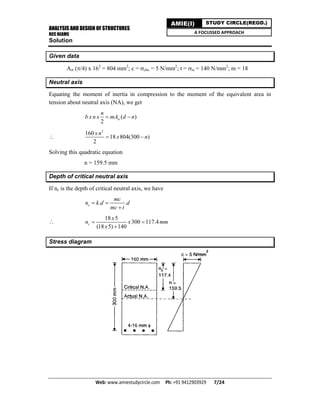 ANALYSIS AND DESIGN OF STRUCTURES
RCC BEAMS
Web: www.amiestudycircle.com     Ph: +91 9412903929       7/24 
AMIE(I) STUDY CIRCLE(REGD.)
A FOCUSSED APPROACH
Solution
Given data
Ast (/4) x 162
= 804 mm2
; c = cbc = 5 N/mm2
; t = st = 140 N/mm2
; m = 18
Neutral axis
Equating the moment of inertia in compression to the moment of the equivalent area in
tension about neutral axis (NA), we get
( )
2
st
n
b x n x mA d n 

2
160
18 804(300 )
2
x n
x n 
Solving this quadratic equation
n = 159.5 mm
Depth of critical neutral axis
If nc is the depth of critical neutral axis, we have
. .c
mc
n k d d
mc t
 


18 5
300 117.4
(18 5) 140
c
x
n x mm
x
 

Stress diagram
 