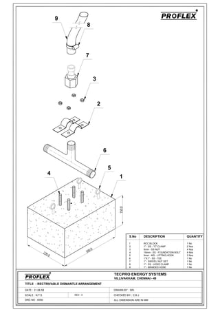 150.0
220.0
300.0
TITLE : RECTRIVABLE DISMANTLE ARRANGEMENT
DATE : 31.08.12
SCALE : N.T.S
DRG NO : 0050
DRAWN BY : SRI
CHECKED BY : C.B.J
ALL DIMENSION ARE IN MM
REV : 0
1
6
2
3
7
8
5
4
9
S.No DESCRIPTION QUANTITY
1 RCC BLOCK 1 No
2 1" - SS - "C" CLAMP 2 Nos
3 8mm - SS NUT 4 Nos
4 16mm - SS - FOUNDATION BOLT 4 Nos
5 8mm - MS - LIFTING HOOK 3 Nos
6 1"X1" - SS - TEE 1 No
7 1" - SWIVEL NUT SET 1 No
8 1" - SS - HOSE CLAMP 1 No
9 1" - BRAIDED HOSE 1 No
TECPRO ENERGY SYSTEMS
VILLIVAKKAM, CHENNAI - 49
 
