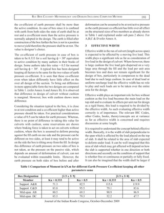 Rcc Box Culvert- Methodology and Designs Including Computer Method                                    191

the co-efficient of earth pressure shall be more than            deformation can be assumed to be at rest/active pressure
the active condition. In case of box since it is confined        as the earth pressure co-efficient has little over all effect
with earth from both sides the state of earth shall be at        on the structural sizes of box members as already shown
rest and a co-efficient more than the active pressure is         in Table 1 and explained under sub para 2 above. For
normally adopted in the design. The earth is filled after        A,B,C & D refer Annex A.
construction of the box further the box is not in a position
to move/yield therefore the pressure shall be at rest. The       3	   EFFECTIVE WIDTH
value is designer’s choice.
                                                                 Effective width in the run of culvert (length across span)
The co-efficient of earth pressure in case of box is             is expected to be affected by a moving live load. This
taken to be 0.333 for a soil having ф = 30º equivalent           width plays a significant role as far as consideration of
to active condition by many authors in their books of            live load in the design of culvert. Where however, there
design. Some authors take this value = 0.5 for normal            is large cushion the live load gets dispersed on a very
soil having ф = 30º. A typical box has been designed             large area through the fill and the load per unit area
keeping all factors to be same for the two values of earth       becomes less and does not remain significant for the
pressure co-efficient. It is seen that these co-efficient        design of box, particularly in comparison to the dead
even when taken differently have little effect on the            load due to such large cushion. In case of dead load or
over all design of the section. To bring out difference          uniform surcharge load the effective width has no role
in more appreciable form the two designs are compared            to play and such loads are to be taken over the entire
in Table 1. (refer Annex A and Annex B). It is observed          area for the design.
that difference in design of culvert without cushion             Effective width plays an important role for box without
is marginal. However, box with cushion shows more                cushion as the live load becomes the main load on the
difference.                                                      top slab and to evaluate its effects per unit run for design
Considering the situation typical to the box, it is close        as a rigid frame, this load is required to be divided by
to at rest condition and a co-efficient higher than active       the effective width. As such evaluating effective width
pressure should be taken. For practical considerations           correctly is of importance. The relevant IRC Codes,
a value of 0.5 can be taken for earth pressure. Whereas,         other Codes, books, theory/concepts are at variance
there is no point of difference in taking this value for         as far as effective width is concerned and requires
culverts with cushion, some reservations are shown               discussions at some length.
where braking force is taken to act on culverts without          It is required to understand the concept behind effective
cushion, where the box is assumed to deform pressing             width. Basically, it is the width of slab perpendicular to
against the fill earth on one side and the pressure can be       the span which is affected by the load placed on the top
different on two sides, at least it may tend to be active        of slab. It shall be related to the area of slab expected
on the side the box is tilting away from the fill. In design     to deform under load. It can be well imagined that this
this difference of earth pressure on two sides of box is         area of slab which may get affected will depend on how
not taken, as the pressure on the passive side, which            the slab is supported whether in one direction or both
depends on amount of deformation of culvert, can not             directions and secondly on the condition of support that
be evaluated within reasonable limits. However, the              is whether free or continuous or partially or fully fixed.
earth pressure on both sides of box before and after             It can also be imagined that the width shall be larger if

     Table 1 Comparison of Moment in kN.m for different Earth Pressure Co-efficient keeping all other
                                         parameters same

   Box Designation                          [1/3 x 3/ 5]                                      [1/3 x 3/ 0]
      Member                   Ka = 0.333                  Ka = 0.5              Ka = 0.333                  Ka = 0.5
    Support A&B                   71.3                      82.5                   115.8                      119.9
    Support C&D                   83.8                      95.5                    79.1                       83.6
    Mid-span AB                   80.5                      69.3                    90.9                       86.9
    Mid-span DC                   85.5                      79.3                    52.2                       47.7
                            Journal of the Indian Roads Congress, October-December 2009
 