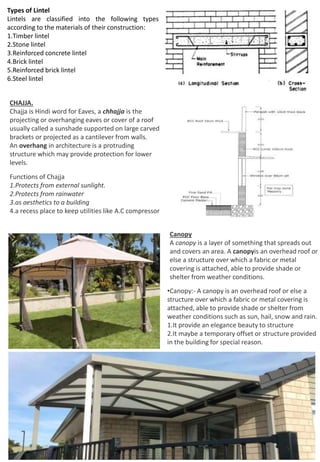 Types of Lintel
Lintels are classified into the following types
according to the materials of their construction:
1.Timber lintel
2.Stone lintel
3.Reinforced concrete lintel
4.Brick lintel
5.Reinforced brick lintel
6.Steel lintel
CHAJJA.
Chajja is Hindi word for Eaves, a chhajja is the
projecting or overhanging eaves or cover of a roof
usually called a sunshade supported on large carved
brackets or projected as a cantilever from walls.
An overhang in architecture is a protruding
structure which may provide protection for lower
levels.
Functions of Chajja
1.Protects from external sunlight.
2.Protects from rainwater
3.as aesthetics to a building
4.a recess place to keep utilities like A.C compressor
Canopy
A canopy is a layer of something that spreads out
and covers an area. A canopyis an overhead roof or
else a structure over which a fabric or metal
covering is attached, able to provide shade or
shelter from weather conditions.
•Canopy:- A canopy is an overhead roof or else a
structure over which a fabric or metal covering is
attached, able to provide shade or shelter from
weather conditions such as sun, hail, snow and rain.
1.It provide an elegance beauty to structure
2.It maybe a temporary offset or structure provided
in the building for special reason.
 