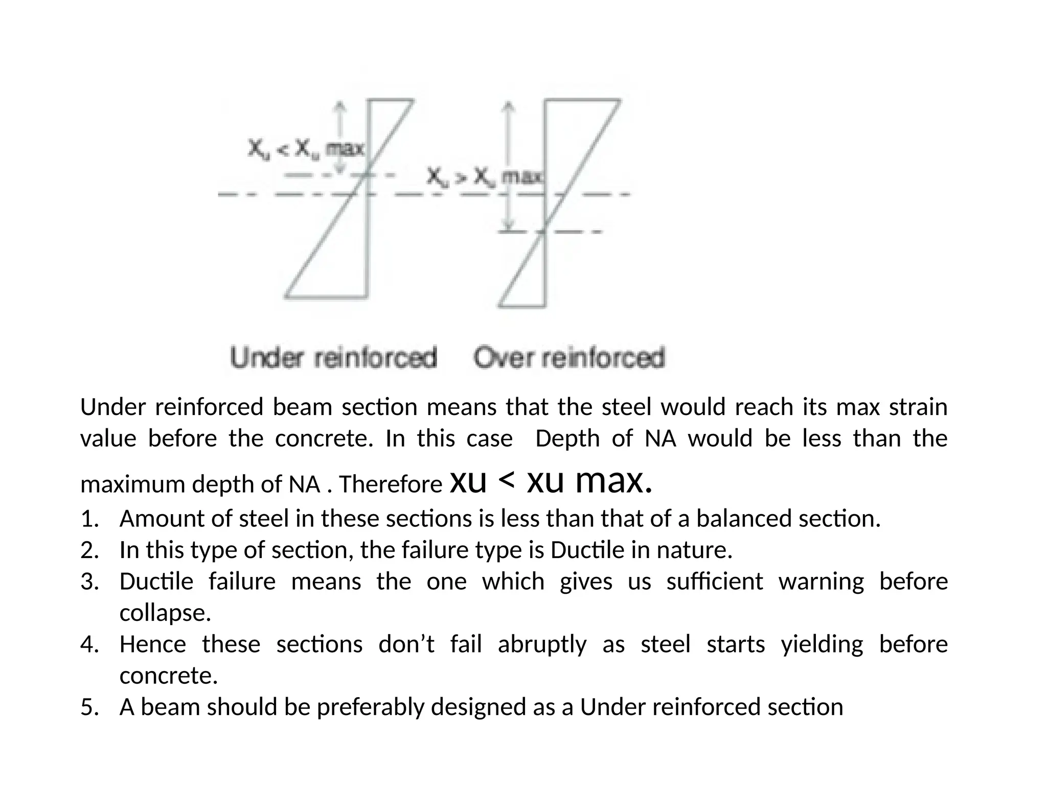 Under reinforced beam section means that the steel would reach its max strain
value before the concrete. In this case Depth of NA would be less than the
maximum depth of NA . Therefore xu < xu max.
1. Amount of steel in these sections is less than that of a balanced section.
2. In this type of section, the failure type is Ductile in nature.
3. Ductile failure means the one which gives us sufficient warning before
collapse.
4. Hence these sections don’t fail abruptly as steel starts yielding before
concrete.
5. A beam should be preferably designed as a Under reinforced section
 