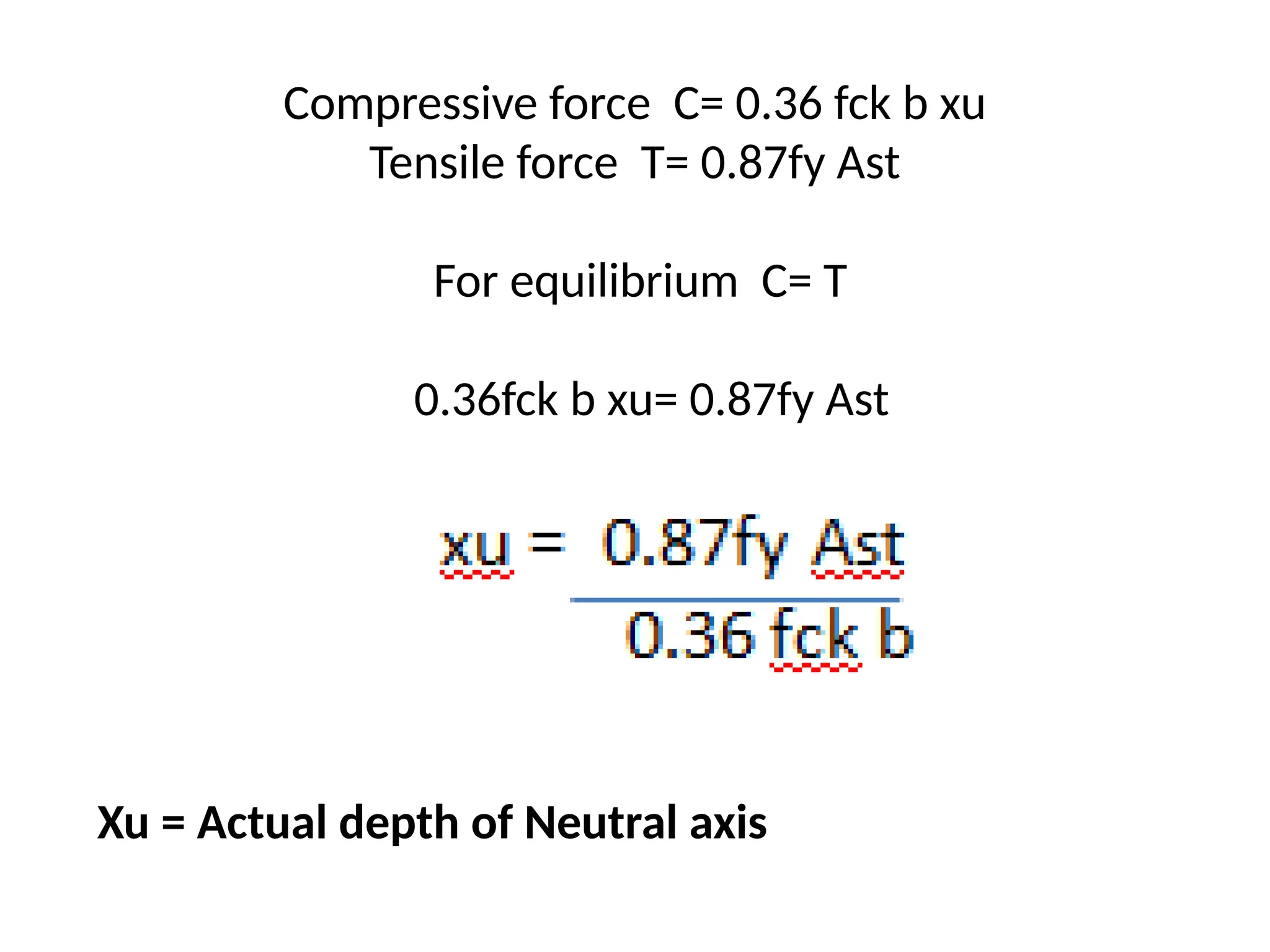 Compressive force C= 0.36 fck b xu
Tensile force T= 0.87fy Ast
For equilibrium C= T
0.36fck b xu= 0.87fy Ast
Xu = Actual depth of Neutral axis
 