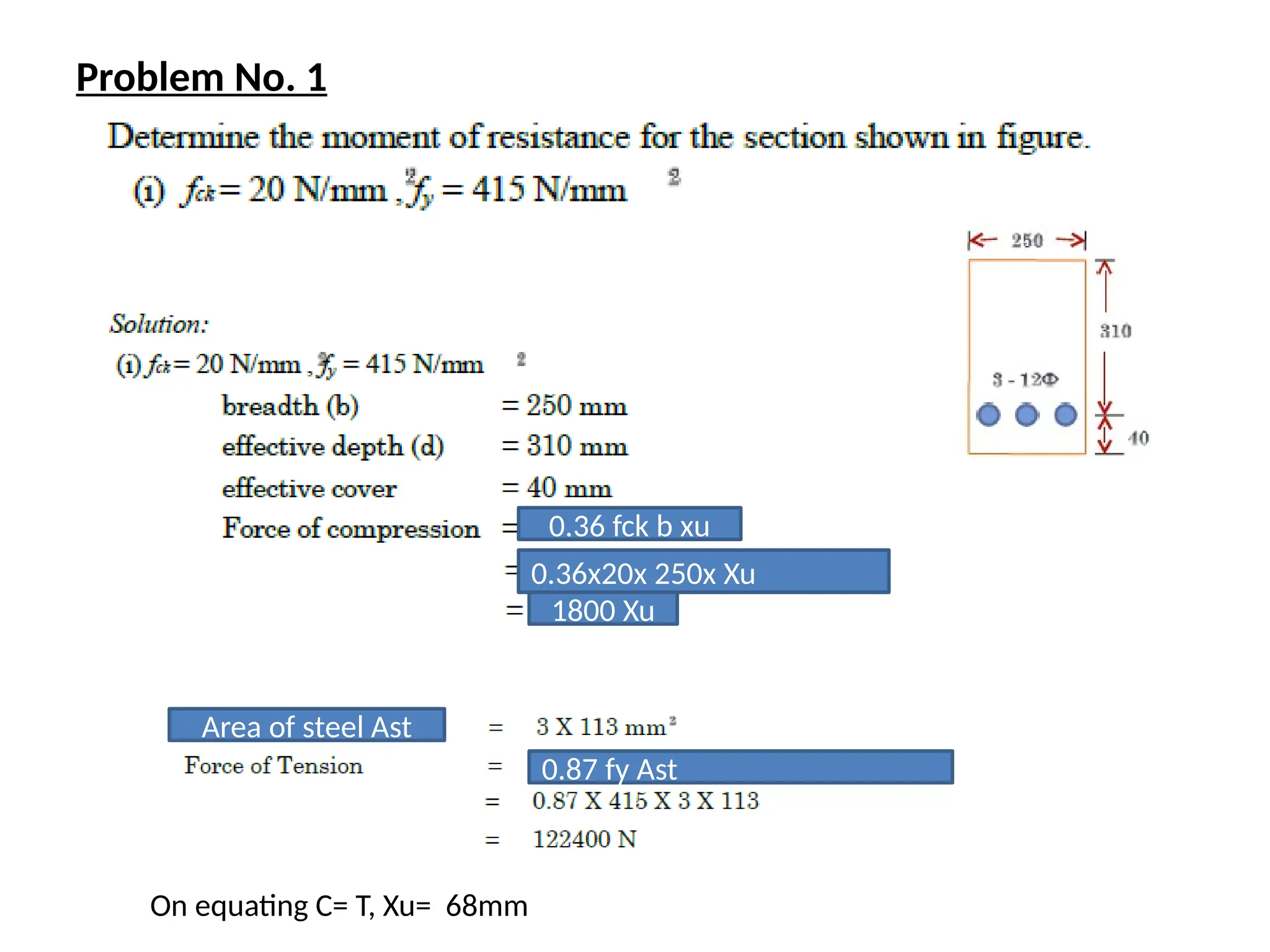 0.36 fck b xu
0.36x20x 250x Xu
1800 Xu
Area of steel Ast
0.87 fy Ast
On equating C= T, Xu= 68mm
Problem No. 1
 