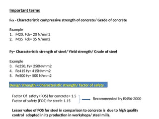 Important terms
Fck – Characteristic compressive strength of concrete/ Grade of concrete
Example
1. M20. Fck= 20 N/mm2
2. M35 Fck= 35 N/mm2
Fy- Characteristic strength of steel/ Yield strength/ Grade of steel
Example
3. Fe250, fy= 250N/mm2
4. Fe415 fy= 415N/mm2
5. Fe500 fy= 500 N/mm2
Design Strength = Characteristic strength/ factor of safety
Factor Of safety (FOS) for concrete= 1.5
Factor of safety (FOS) for steel= 1.15
Lesser value of FOS for steel in comparison to concrete is due to high quality
control adopted in its production in workshops/ steel mills.
Recommended by IS456-2000
 