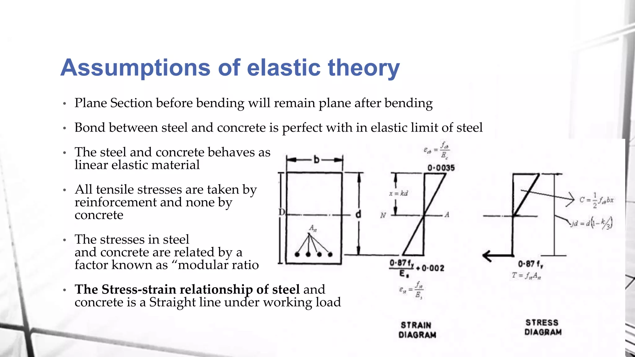 Assumptions of elastic theory
• Plane Section before bending will remain plane after bending
• Bond between steel and concrete is perfect with in elastic limit of steel
• The steel and concrete behaves as
linear elastic material
• All tensile stresses are taken by
reinforcement and none by
concrete
• The stresses in steel
and concrete are related by a
factor known as “modular ratio
• The Stress-strain relationship of steel and
concrete is a Straight line under working load
 