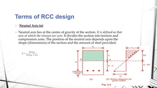 Terms of RCC design
• Neutral Axis (n)
• Neutral axis lies at the centre of gravity of the section. It is defined as that
axis at which the stresses are zero. It divides the section into tension and
compression zone. The position of the neutral axis depends upon the
shape (dimensions) of the section and the amount of steel provided.
 