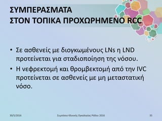 ΣΥΜΠΕΡΑΣΜΑΤΑ
ΣΤΟΝ ΤΟΠΙΚΑ ΠΡΟΧΩΡΗΜΕΝΟ RCC
• Σε ασθενείς με διογκωμένους LNs η LND
προτείνεται για σταδιοποίηση της νόσου.
• Η νεφρεκτομή και θρομβεκτομή από την IVC
προτείνεται σε ασθενείς με μη μεταστατική
νόσο.
30/5/2016 35Συμπόσιο Κλινικής Ογκολογίας Ρόδου 2016
 