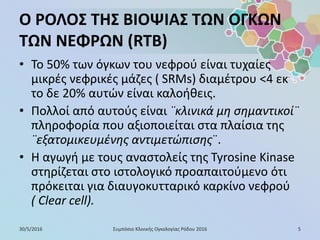 Ο ΡΟΛΟΣ ΤΗΣ ΒΙΟΨΙΑΣ ΤΩΝ ΟΓΚΩΝ
ΤΩΝ ΝΕΦΡΩΝ (RTB)
• Το 50% των όγκων του νεφρού είναι τυχαίες
μικρές νεφρικές μάζες ( SRMs) διαμέτρου <4 εκ
το δε 20% αυτών είναι καλοήθεις.
• Πολλοί από αυτούς είναι ¨κλινικά μη σημαντικοί¨
πληροφορία που αξιοποιείται στα πλαίσια της
¨εξατομικευμένης αντιμετώπισης¨.
• Η αγωγή με τους αναστολείς της Tyrosine Kinase
στηρίζεται στο ιστολογικό προαπαιτούμενο ότι
πρόκειται για διαυγοκυτταρικό καρκίνο νεφρού
( Clear cell).
30/5/2016 5Συμπόσιο Κλινικής Ογκολογίας Ρόδου 2016
 