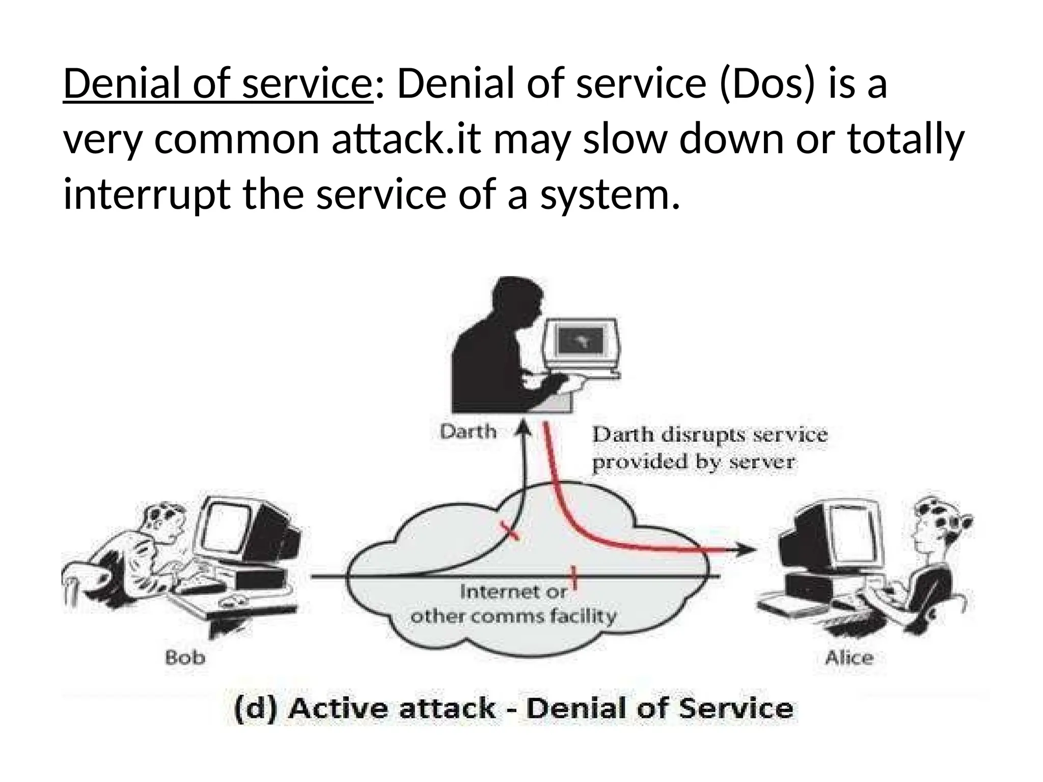 Denial of service: Denial of service (Dos) is a
very common attack.it may slow down or totally
interrupt the service of a system.
 