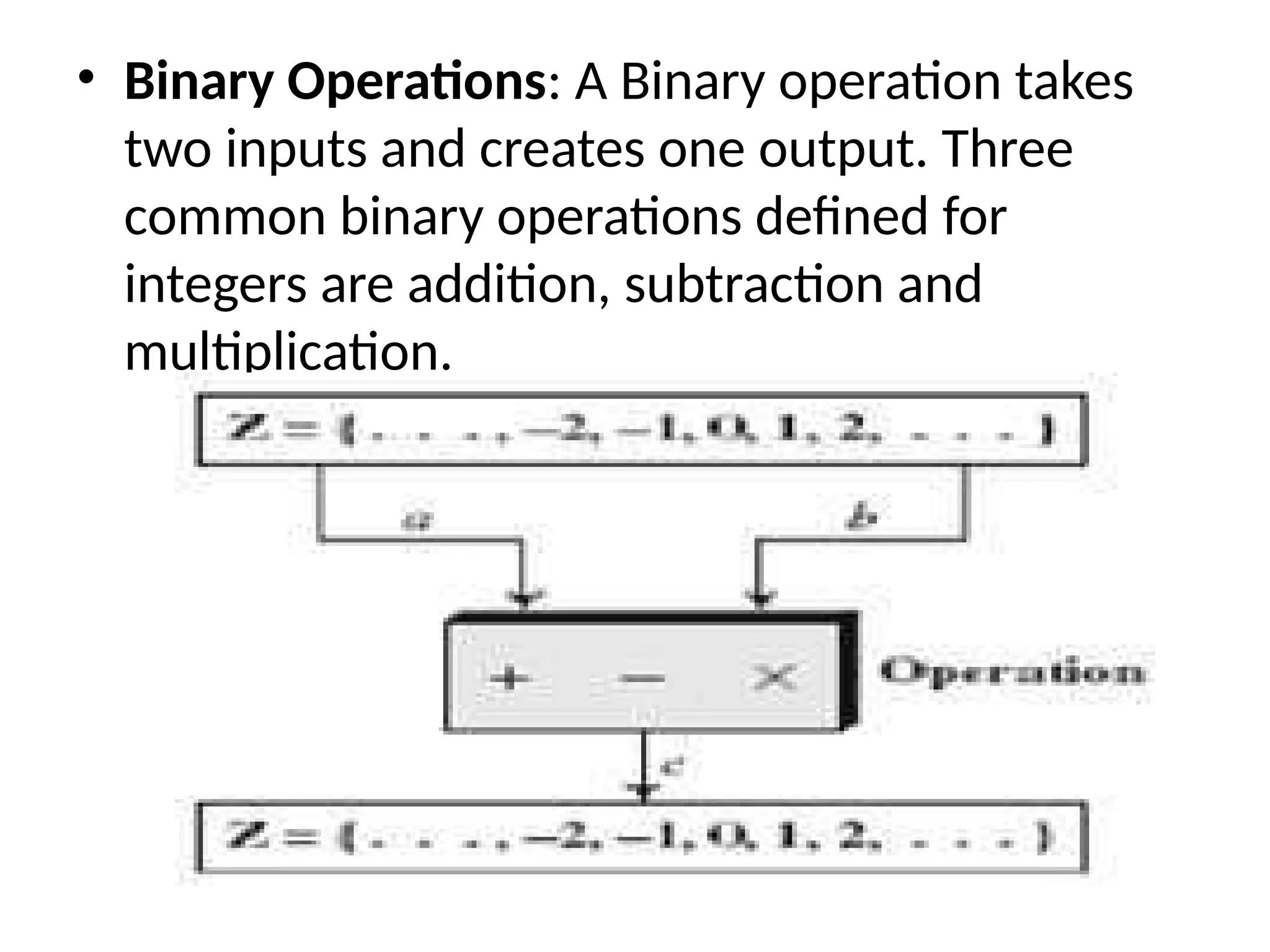 • Binary Operations: A Binary operation takes
two inputs and creates one output. Three
common binary operations defined for
integers are addition, subtraction and
multiplication.
 
