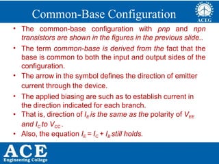 P.KIRAN KUMAR,ECE DEPARTMENT 14
Common-Base Configuration
• The common-base configuration with pnp and npn
transistors are shown in the figures in the previous slide..
• The term common-base is derived from the fact that the
base is common to both the input and output sides of the
configuration.
• The arrow in the symbol defines the direction of emitter
current through the device.
• The applied biasing are such as to establish current in
the direction indicated for each branch.
• That is, direction of IE is the same as the polarity of VEE
and IC to VCC .
• Also, the equation IE = IC + IB still holds.
 
