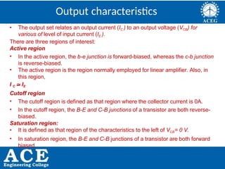 P.KIRAN KUMAR,ECE DEPARTMENT 17
Output characteristics
• The output set relates an output current (IC ) to an output voltage (VCB) for
various of level of input current (IE ).
There are three regions of interest:
Active region
• In the active region, the b-e junction is forward-biased, whereas the c-b junction
is reverse-biased.
• The active region is the region normally employed for linear amplifier. Also, in
this region,
I C  IE
Cutoff region
• The cutoff region is defined as that region where the collector current is 0A.
• In the cutoff region, the B-E and C-B junctions of a transistor are both reverse-
biased.
Saturation region:
• It is defined as that region of the characteristics to the left of VCB= 0 V.
• In saturation region, the B-E and C-B junctions of a transistor are both forward
biased.
 
