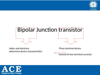 P.KIRAN KUMAR,ECE DEPARTMENT 3
Bipolar Junction transistor
Holes and electrons
determine device characteristics
Three terminal device
Control of two terminal currents
 