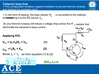 P.KIRAN KUMAR,ECE DEPARTMENT 43
Collector base bias
➢This configuration employs negative feedback to prevent thermal runaway
and stabilize the operating point.
➢ In this form of biasing, the base resistor R is connected to the collector
instead
B
of connecting it to the DC source V
.
cc
So any thermal runaway will induce a voltage drop across the R C resistor that
will throttle the transistor's base current.
Applying KVL
VCC = (IC+IB)RC + VCE (1)
VCE
= IBRB + VBE (2)
Since, IC = IB so from equation (1) & (2)
C
4
3
B
 V BE
V CC
B
R  (1   )
R
I

Q(V ,I ) is
set
CE C
 