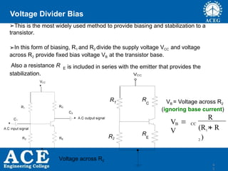 P.KIRAN KUMAR,ECE DEPARTMENT 45
Voltage Divider Bias
➢This is the most widely used method to provide biasing and stabilization to a
transistor.
➢In this form of biasing, R1 and R2 divide the supply voltage VCC and voltage
across R2 provide fixed bias voltage VB at the transistor base.
Also a resistance R E is included in series with the emitter that provides the
stabilization.
(R1  R
2 )
R
2
V 
V
CC
B
VB = Voltage across R2
(ignoring base current)
Voltage across R2
R
4
5
E
R
C
R1
R2
 