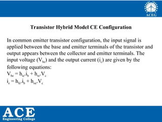 P.KIRAN KUMAR,ECE DEPARTMENT 55
Transistor Hybrid Model CE Configuration
In common emitter transistor configuration, the input signal is
applied between the base and emitter terminals of the transistor and
output appears between the collector and emitter terminals. The
input voltage (Vbe) and the output current (ic) are given by the
following equations:
Vbe = hie.ib + hre.Vc
ie = hfe.ib + hoe.Vc
 