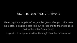 STAGE #4: ASSESSMENT (60mins)
the ecosystem map is refined, challenges and opportunities are
evaluated, a strategic plan l...