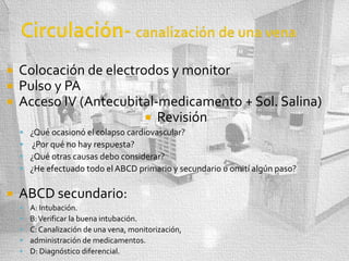 



Colocación de electrodos y monitor
Pulso y PA
Acceso IV (Antecubital-medicamento + Sol. Salina)
 Revisión
 ¿Qué ocasionó el colapso cardiovascular?
 ¿Por qué no hay respuesta?
 ¿Qué otras causas debo considerar?
 ¿He efectuado todo el ABCD primario y secundario u omití algún paso?



ABCD secundario:






A: Intubación.
B: Verificar la buena intubación.
C: Canalización de una vena, monitorización,
administración de medicamentos.
D: Diagnóstico diferencial.

 