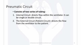 Pneumatic Circuit
• Consists of two series of tubing:
1. Internal Circuit: directs flow within the ventilator. It can
be single or double circuit.
2. The External Circuit (Patient Circuit): directs the flow
from the ventilator to the patient.
1st Respiratory Care Comprehensive Review Course 15
 