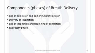 Components (phases) of Breath Delivery
• End of expiration and beginning of inspiration
• Delivery of inspiration
• End of inspiration and beginning of exhalation
• Expiratory phase
1st Respiratory Care Comprehensive Review Course 44
 