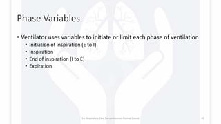 Phase Variables
• Ventilator uses variables to initiate or limit each phase of ventilation
• Initiation of inspiration (E to I)
• Inspiration
• End of inspiration (I to E)
• Expiration
1st Respiratory Care Comprehensive Review Course 45
 