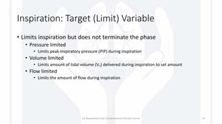 Inspiration: Target (Limit) Variable
• Limits inspiration but does not terminate the phase
• Pressure limited
• Limits peak inspiratory pressure (PIP) during inspiration
• Volume limited
• Limits amount of tidal volume (VT) delivered during inspiration to set amount
• Flow limited
• Limits the amount of flow during inspiration
1st Respiratory Care Comprehensive Review Course 51
 