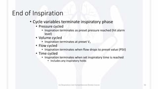 End of Inspiration
• Cycle variables terminate inspiratory phase
• Pressure cycled
• Inspiration terminates as preset pressure reached (hit alarm
level)
• Volume cycled
• Inspiration terminates at preset VT
• Flow cycled
• Inspiration terminates when flow drops to preset value (PSV)
• Time cycled
• Inspiration terminates when set inspiratory time is reached
• Includes any inspiratory holds
1st Respiratory Care Comprehensive Review Course 56
 