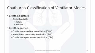Chatburn’s Classification of Ventilator Modes
• Breathing pattern
• Control variable
• Volume
• Pressure
• Breath sequence
• Continuous mandatory ventilation (CMV)
• Intermittent mandatory ventilation (IMV)
• Continuous spontaneous ventilation (CSV)
1st Respiratory Care Comprehensive Review Course 79
 