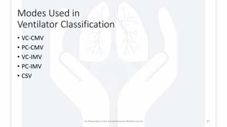 Modes Used in
Ventilator Classification
• VC-CMV
• PC-CMV
• VC-IMV
• PC-IMV
• CSV
1st Respiratory Care Comprehensive Review Course 87
 