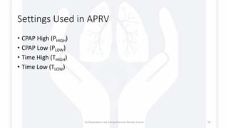 Settings Used in APRV
• CPAP High (PHIGH)
• CPAP Low (PLOW)
• Time High (THIGH)
• Time Low (TLOW)
1st Respiratory Care Comprehensive Review Course 93
 