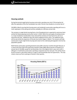 R




Housing outlook
During that period single family housing construction spending rose only 3.7% during the lull
after the expiration of the first homebuyer tax credit. Permits rose sharply to an annual rate of

543,000 in March assuring that housing starts and residential construction spending will rise at a
more rapid pace in the spring and summer, probably at a 20% plus annual rate.

The recovery in single family housing faces a lot of headwinds but is expected to overcome them
and be the fastest growing construction sector in 2010. While the oversupply of existing homes
is a major headwind, homebuilders have reduced the inventory of new homes for sale to an
extremely low level. Additional sales will require additional home starts. The additional sales
will be spurred by the expansion of the job count which began in March. The recovery will take
several years to get single family housing starts back to the underlying demographic trend set by
population growth.

Multi family construction spending declined nearly 20% in the four months through February. It
is now at less than half of the peak level reached in May 2008. March permits increased to an
annual rate of 142,000; except for last December, this is the highest level in year and a half. A
20% gain in multi family construction spending is expected over the next year. This will be driven
by the increase in jobs which leads to a surge in new households that rent apartments. The new
renters move out from crashing on friends or their parents.




                                             Year/Quarter




                                                  5
 